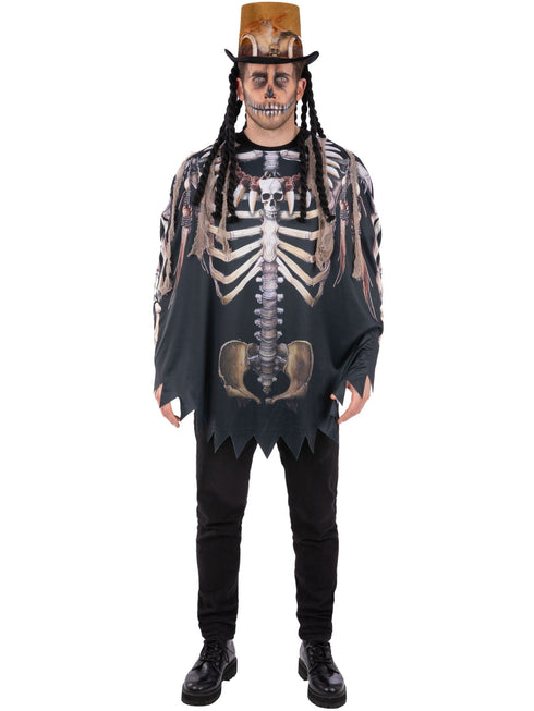 Adult Voodoo witch doctor poncho with skeleton and tribal bone print
