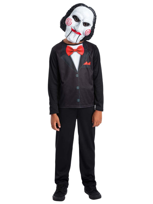Kids Saw Jigsaw costume kit with printed tuxedo top and Billy the Puppet mask