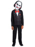 Kids Saw Jigsaw costume kit with printed tuxedo top and Billy the Puppet mask