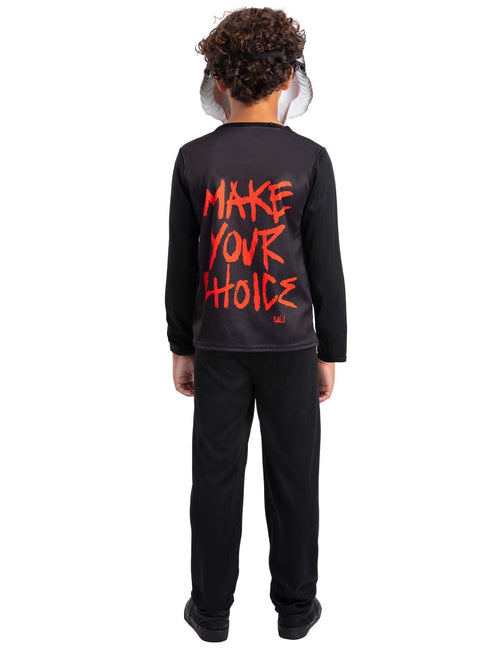 Kids Saw Jigsaw costume kit with printed tuxedo top and Billy the Puppet mask