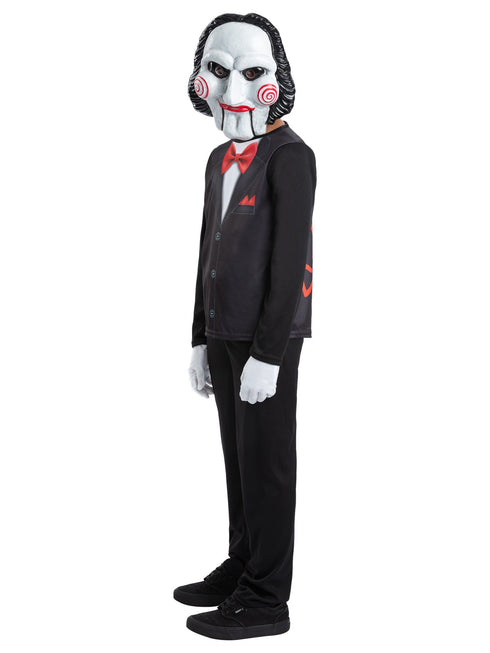 Kids Saw Jigsaw costume kit with printed tuxedo top and Billy the Puppet mask