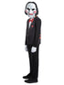 Kids Saw Jigsaw costume kit with printed tuxedo top and Billy the Puppet mask