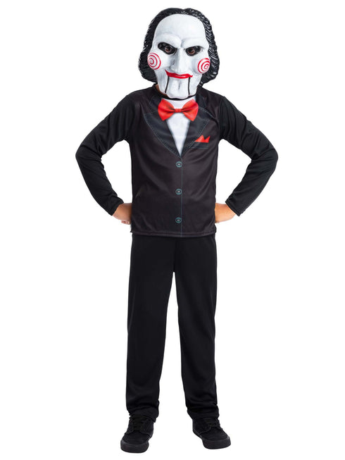 Kids Saw Jigsaw costume kit with printed tuxedo top and Billy the Puppet mask