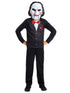 Kids Saw Jigsaw costume kit with printed tuxedo top and Billy the Puppet mask