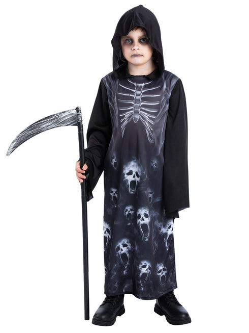 Kids unisex screaming reaper robe costume with skull and skeleton print