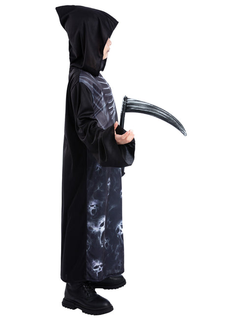 Kids unisex screaming reaper robe costume with skull and skeleton print