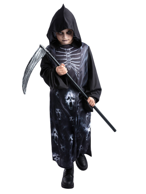 Kids unisex screaming reaper robe costume with skull and skeleton print