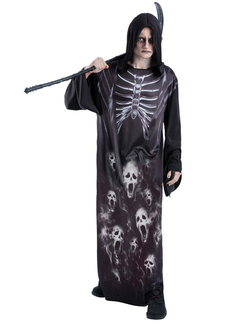 Adult screaming reaper robe costume with skull and skeleton ribcage print