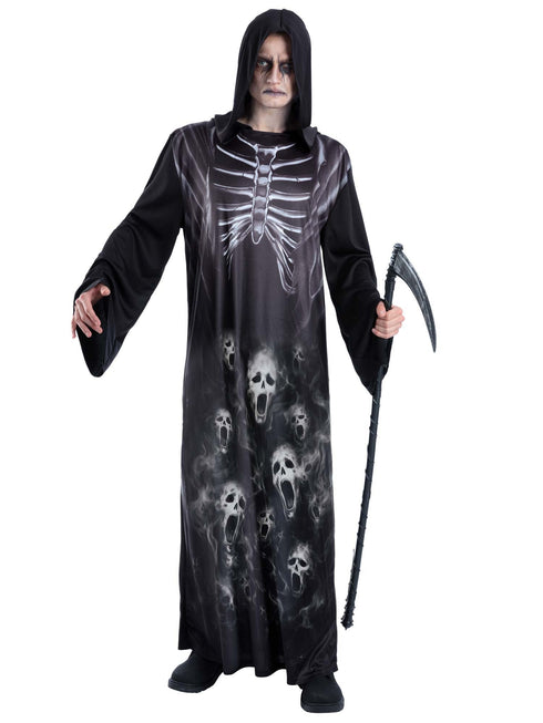 Adult screaming reaper robe costume with skull and skeleton ribcage print