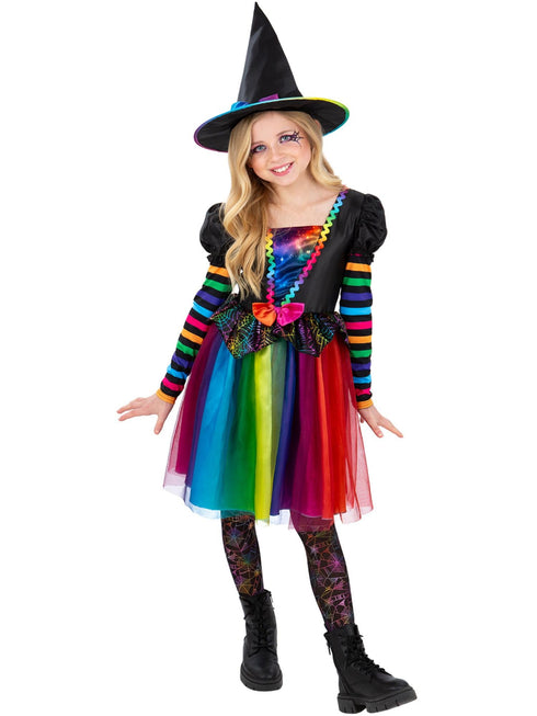 Girls rainbow witch costume with tulle dress and matching witch hat