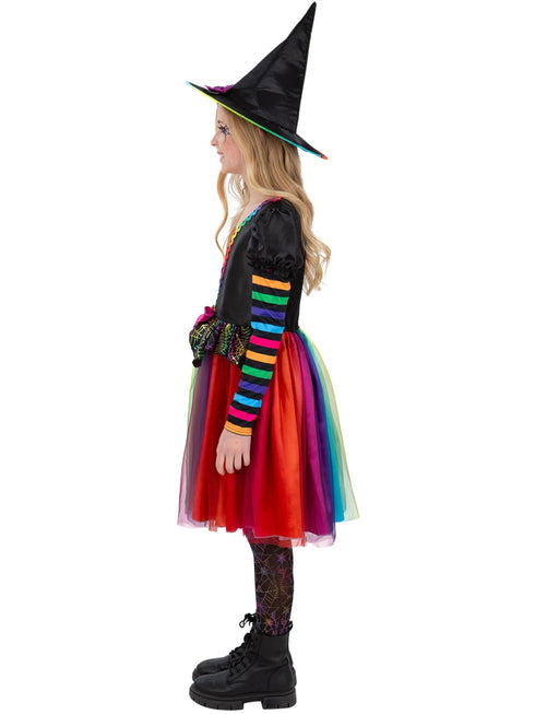 Girls rainbow witch costume with tulle dress and matching witch hat
