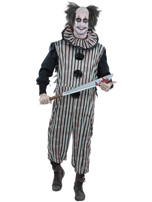 Men's dark vintage clown costume with distressed striped jumpsuit and neck ruffle