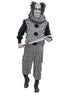 Men's dark vintage clown costume with distressed striped jumpsuit and neck ruffle