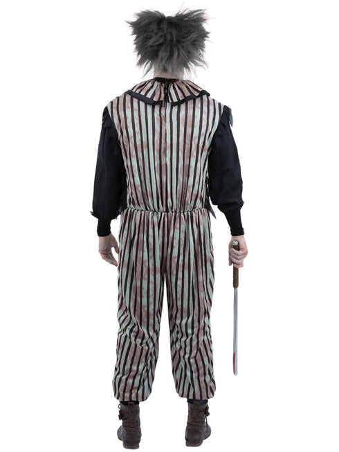 Men's dark vintage clown costume with distressed striped jumpsuit and neck ruffle