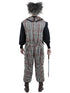 Men's dark vintage clown costume with distressed striped jumpsuit and neck ruffle