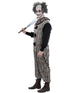Men's dark vintage clown costume with distressed striped jumpsuit and neck ruffle