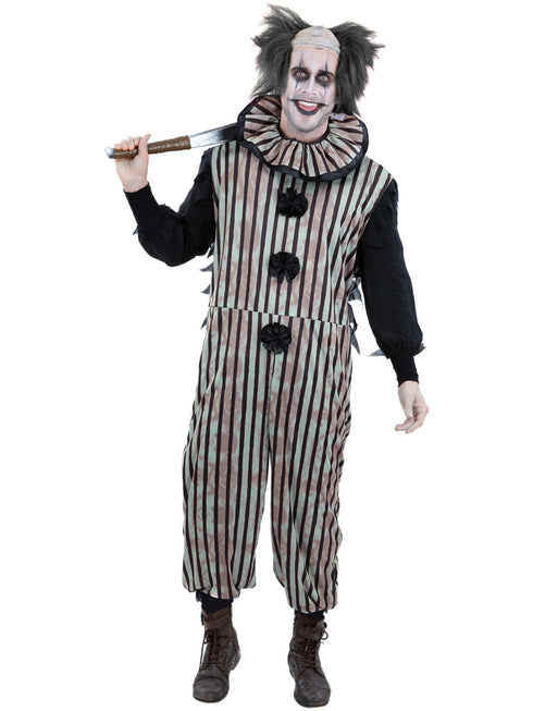 Men's dark vintage clown costume with distressed striped jumpsuit and neck ruffle