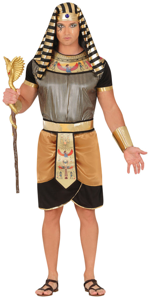 Adult black and gold Egyptian pharaoh costume with headdress coif and belt