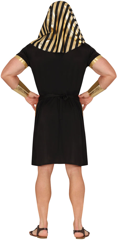 Adult black and gold Egyptian pharaoh costume with headdress coif and belt
