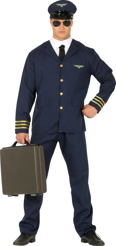 Adult airline pilot costume with jacket, shirt, tie, trousers and cap