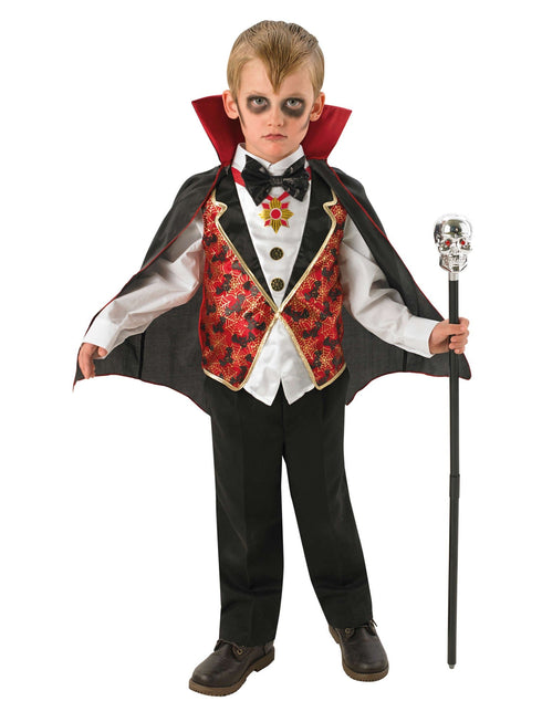 Boys Dracula vampire costume with vest top, bow tie and high-collar cape