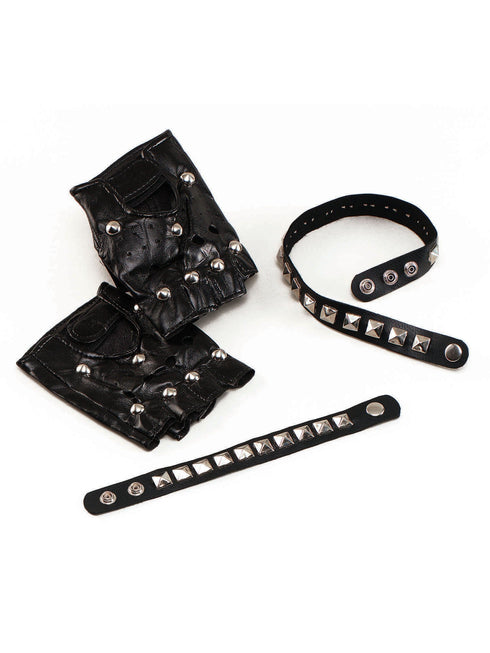 Black fingerless studded punk gloves with silver metal studs
