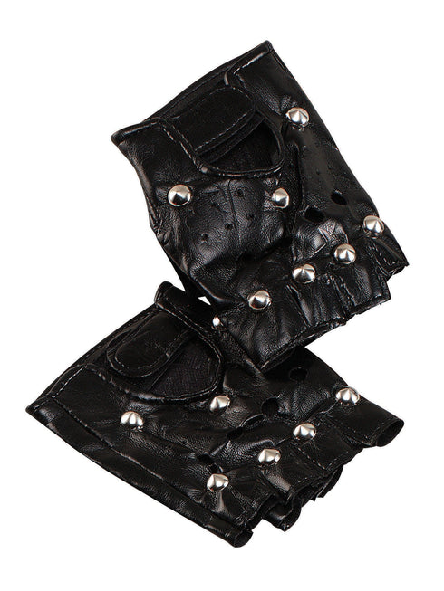 Black fingerless studded punk gloves with silver metal studs