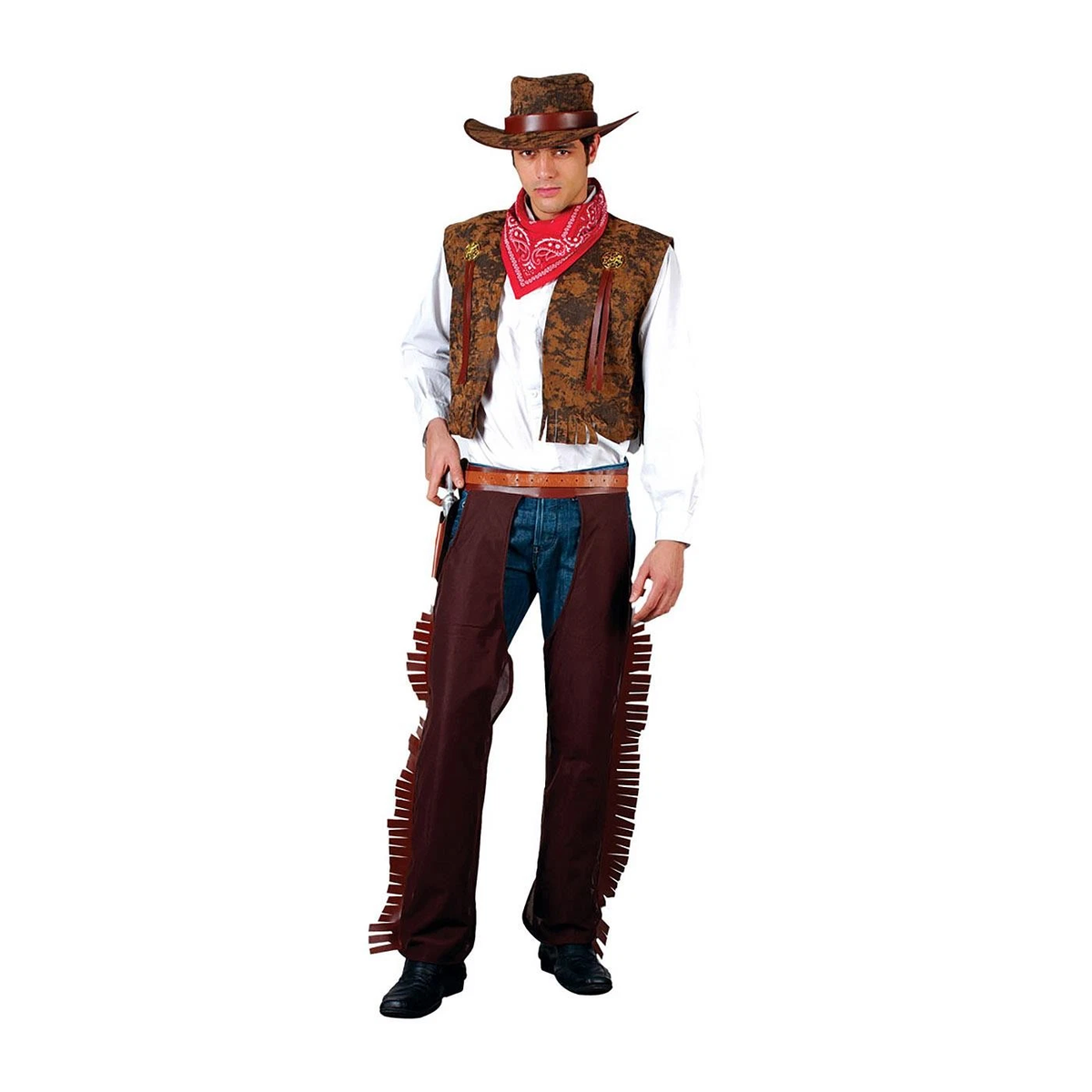 Fringe Cowboy Costume Adult Brown Waistcoat Chaps Hat and Red Neckerchief main image 0