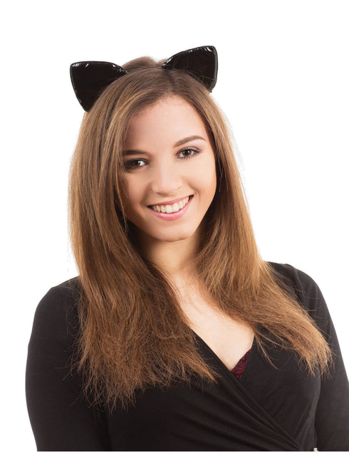 Shiny glossy black cat ears on a headband costume accessory