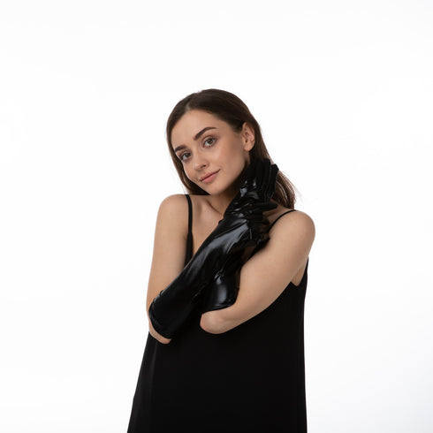 Leather Look Black Long Gloves