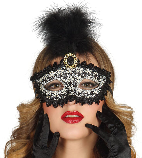 Ladies Baroque Black Mask With Feather