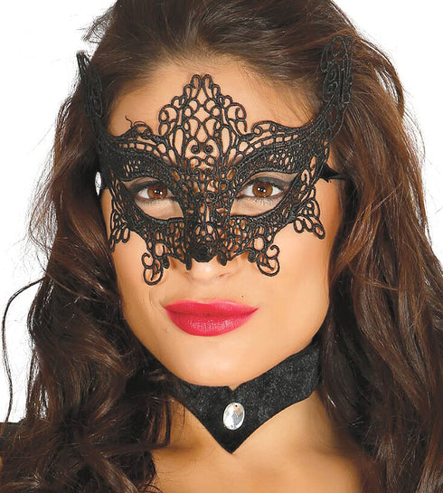 Embroidered Black Mask With Feather