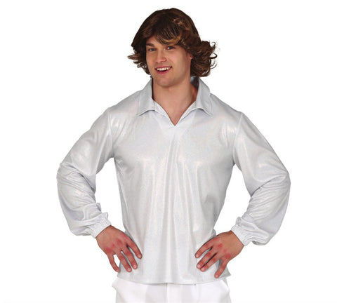 70s Themed Party Wear Rockstar Disco Groovy Men Shimmering White Shirt Male Adult