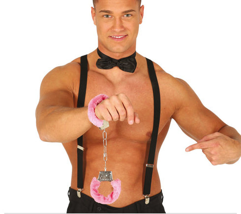 Valentines Metal Handcuffs covered with Baby Pink Velvet Adults Fancy Dress Accessory