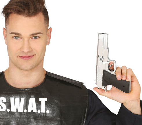 S.W.A.T & Cop Themed Toy Silver Gun 24CM with Black Handle Accessory For Kids & Adults