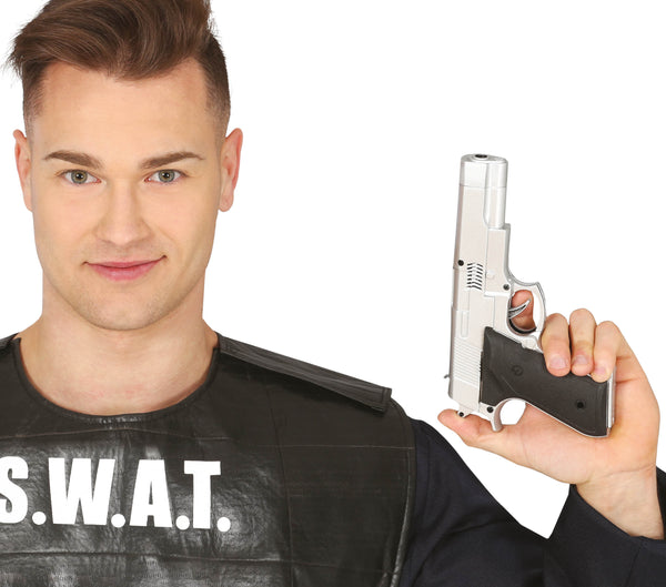 S.W.A.T & Cop Themed Toy Silver Gun 24CM with Black Handle Accessory For Kids & Adults