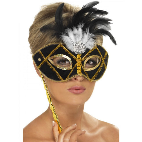 Black and Gold Eyemask with Feather on Stick