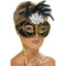 Black and Gold Eyemask with Feather on Stick