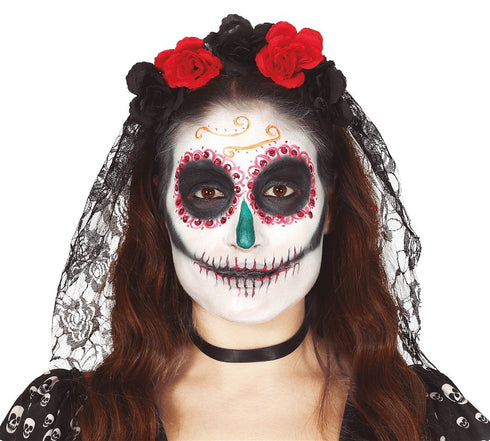 Tiara With Mantiglia And Red/Black Flowers