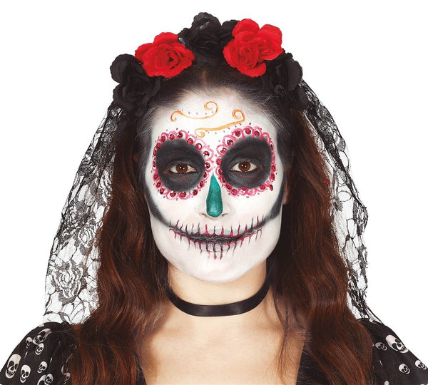 Tiara With Mantiglia And Red/Black Flowers