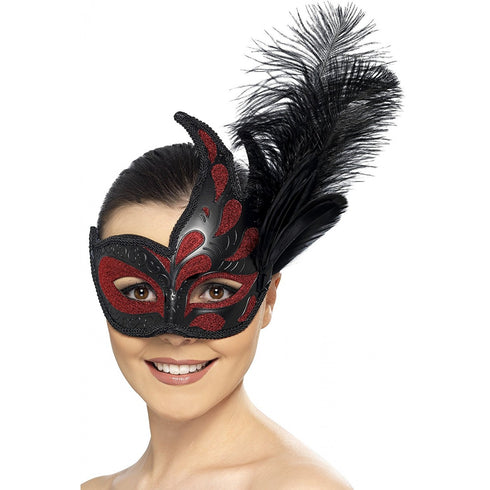 Ornate Feathered Masquerade Black & Red Eyemask