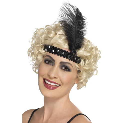 Flapper Headband Black with Feather