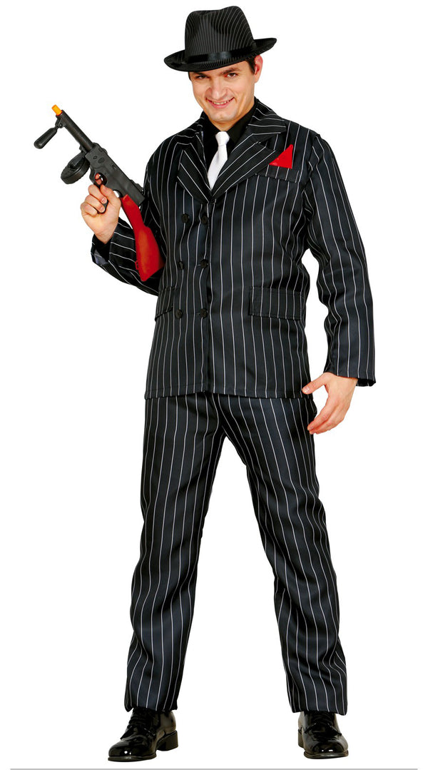 1920s Black & White Strips Gangster Costume With Jacket Trousers & Red Pocket Square