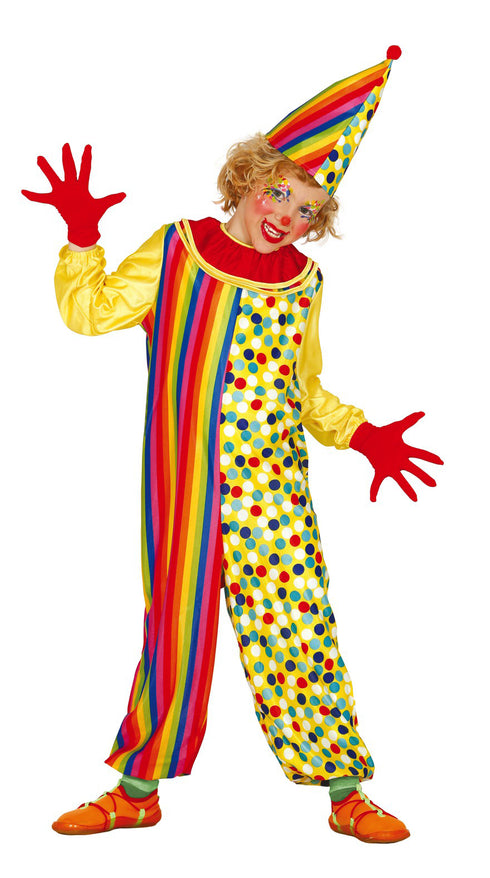 Circus & Red Nose Themed Child Clown Costume With Hat Jumpsuit Colorful Polka Dots & Stripes