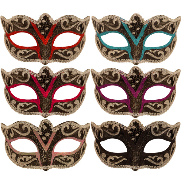 Black Eye Masks with Silver and Colour Trim (6 Assorted Colours)