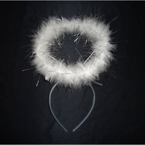White fluffy angel halo headband with circular feather-style trim, photographed on a black background for Christmas nativity fancy dress.