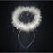 White fluffy angel halo headband with circular feather-style trim, photographed on a black background for Christmas nativity fancy dress.