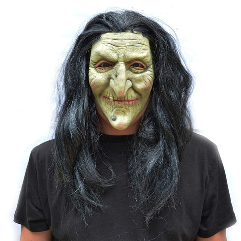 Creepy Old Woman Witch Mask with Hair
